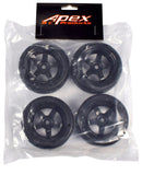 Apex RC Products 1/10 On-Road Black 5 Spoke Wheels & V Tread Rubber Tire Set #5000