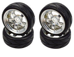 Apex RC Products 1/10 On-Road Chrome 5 Spoke Wheels & V Tread Rubber Tire Set #5005